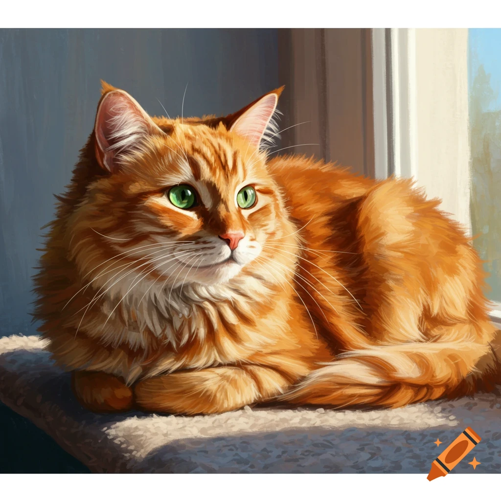 An orange tabby cat with green eyes lying on a window sill.