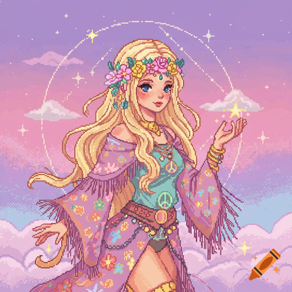 Pixel art of a blonde woman in a hippie dress and flower crown reaching for a star in a pastel sky.