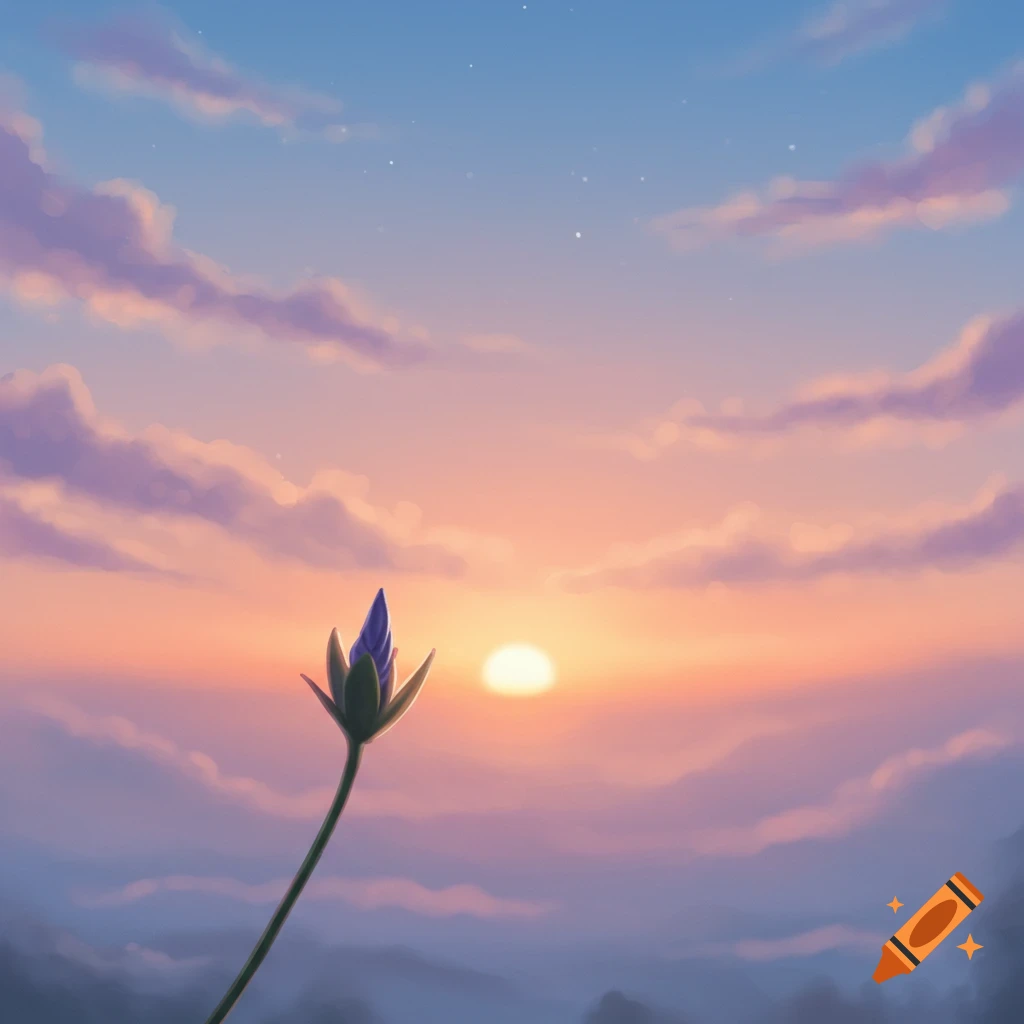 A flower bud at sunrise with clouds