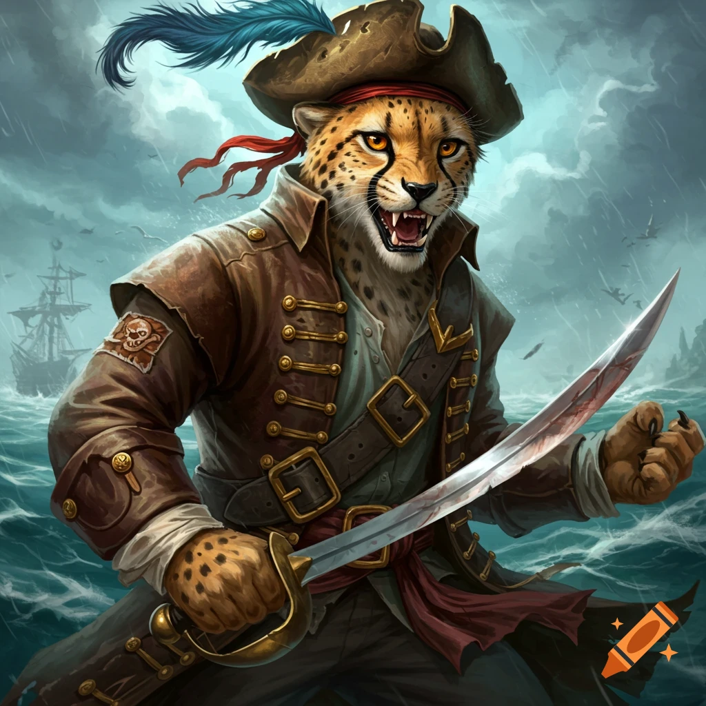 A cheetah pirate holding a sword on a ship in a stormy sea