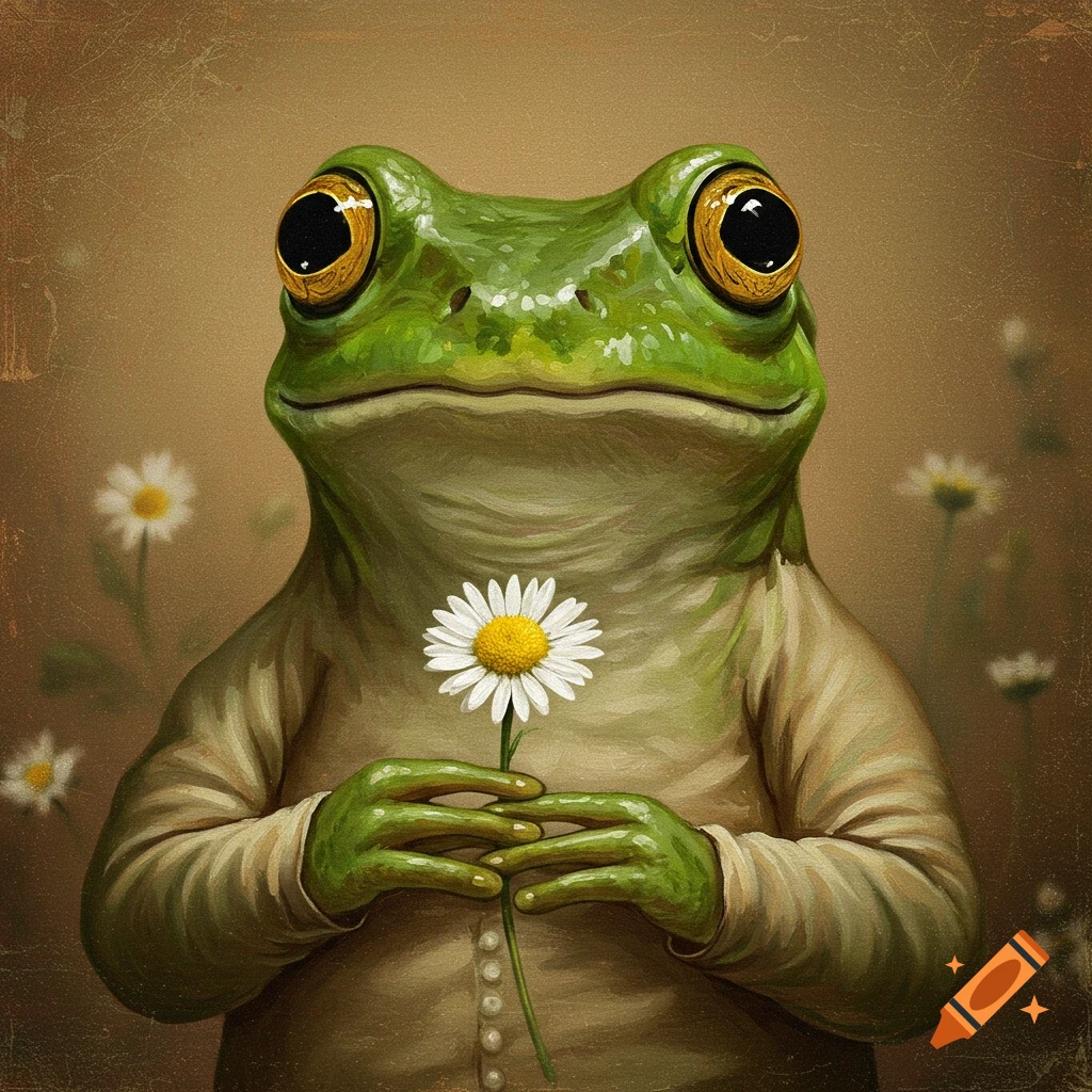 Oil painting of a frog in a coat holding a daisy