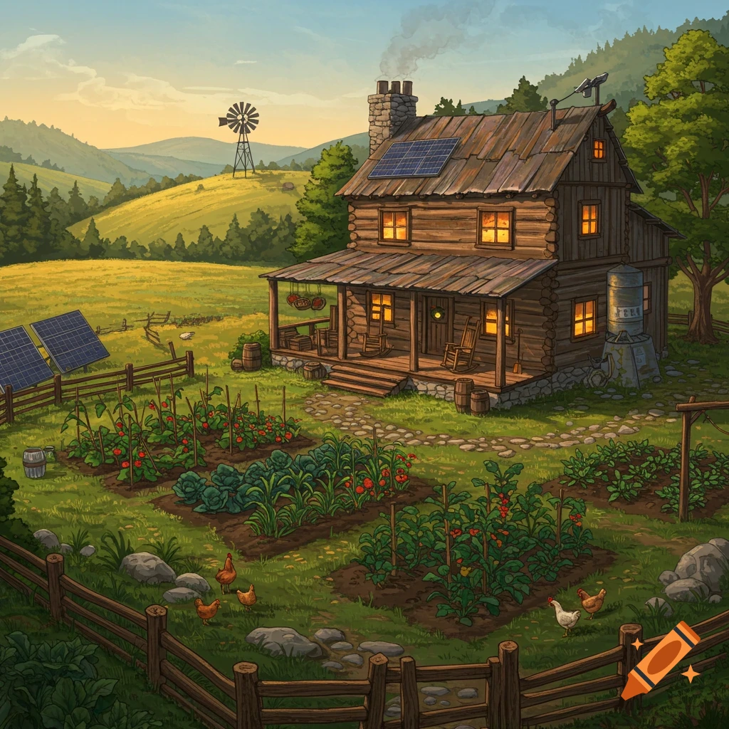 A log cabin farm with a garden, chickens, solar panels, and a windmill in a rural landscape at sunset.