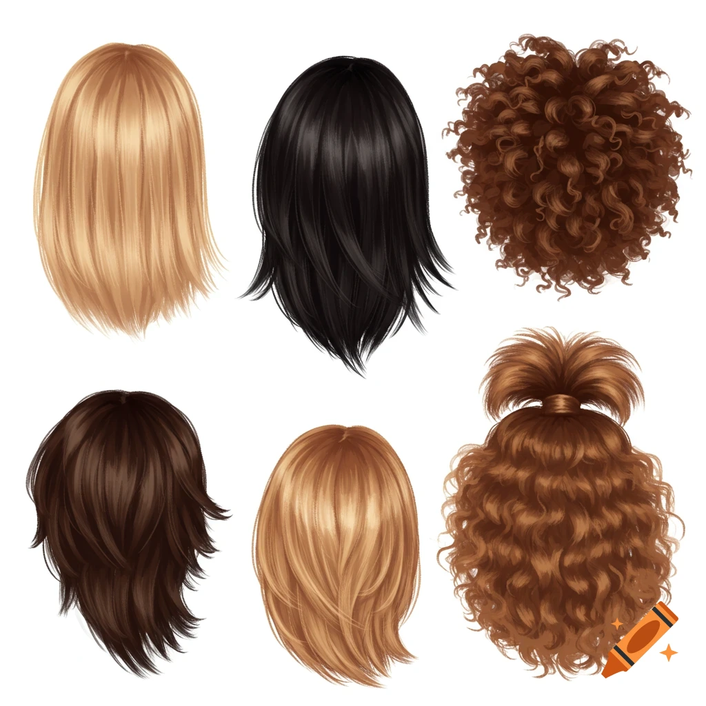 Six illustrations of various hair styles and colors.
