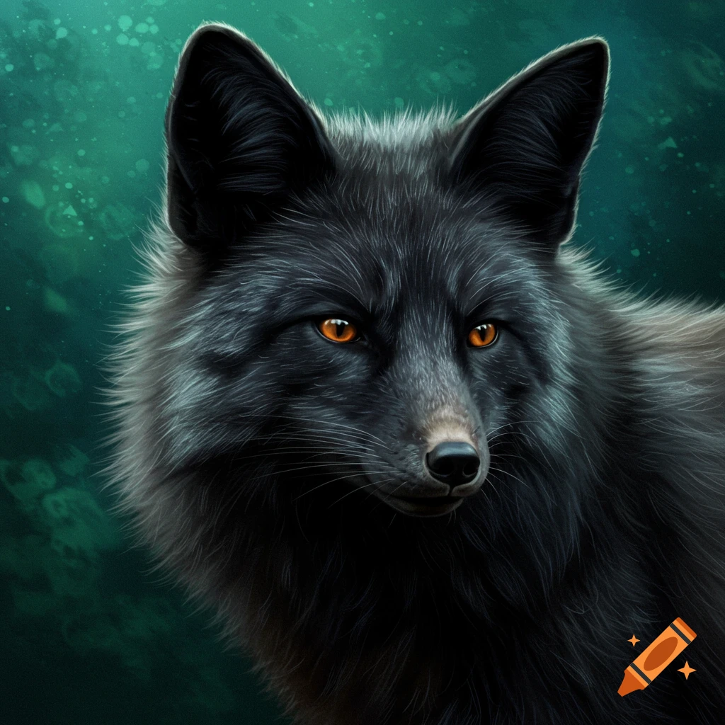 A close-up of a black fox with bright orange eyes.