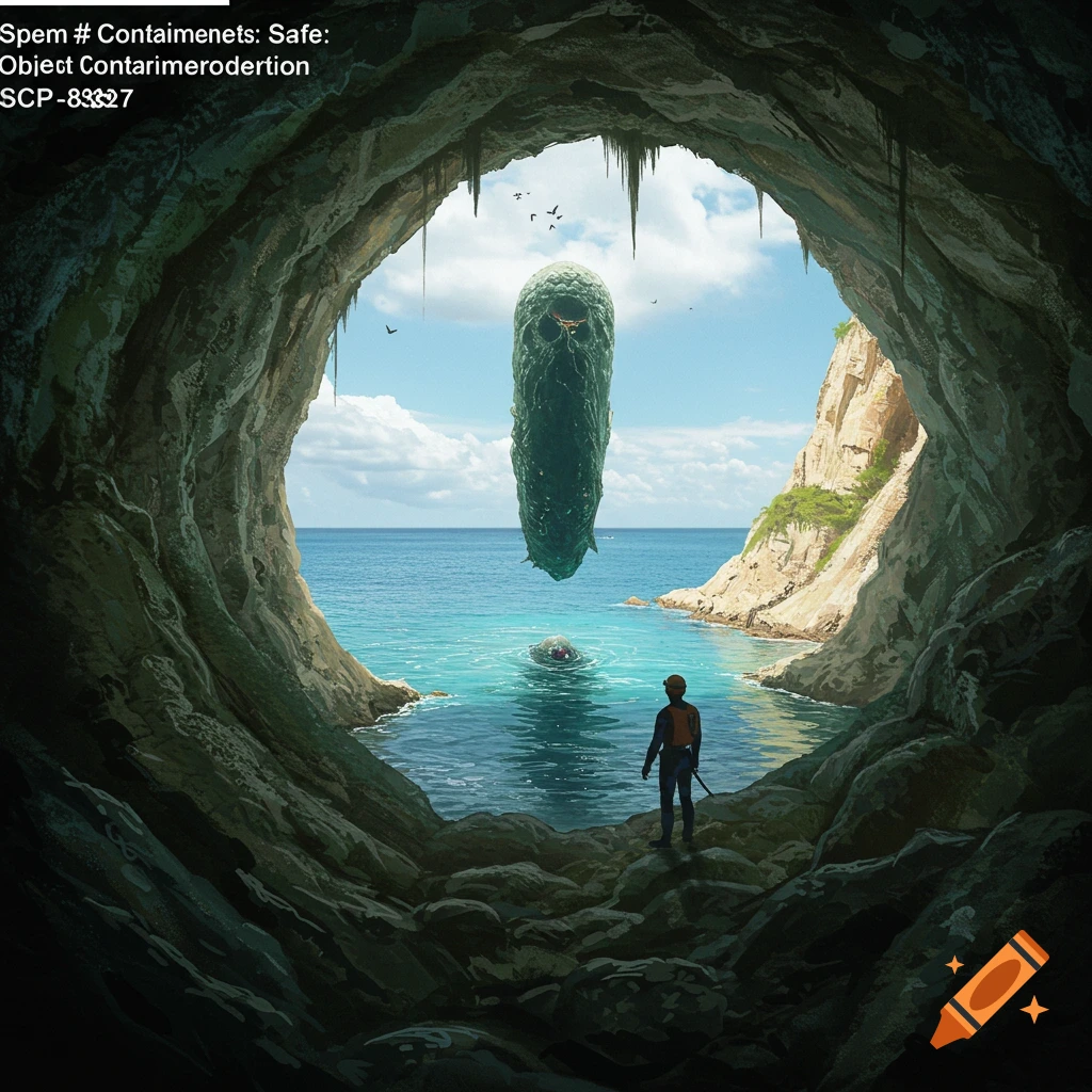 Person in a cave entrance overlooking the sea observes a large floating skull-like object. Digital illustration.