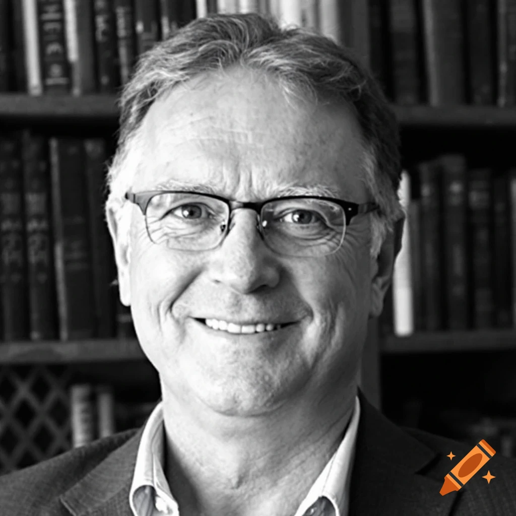 Black and white portrait of a smiling man with glasses in front of a bookshelf.