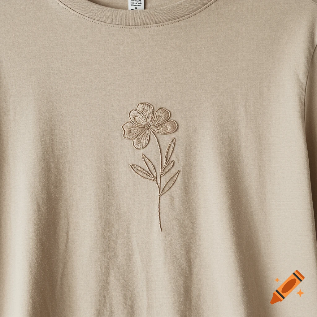 Close-up of a beige t-shirt with embroidered minimalist flower design