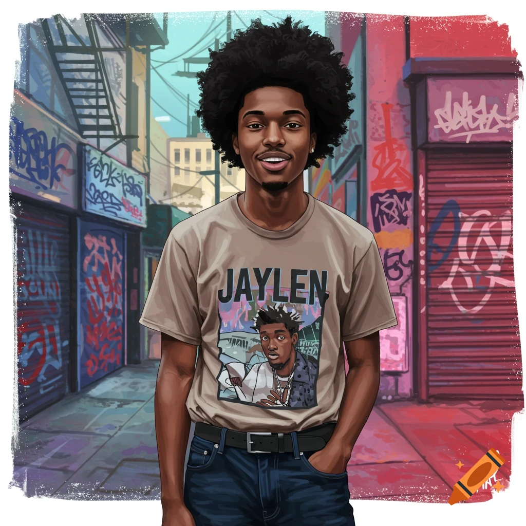 A young man with an afro, wearing a shirt with 'JAYLEN' on it and a graphic of a person, stands in an alley with graffiti.