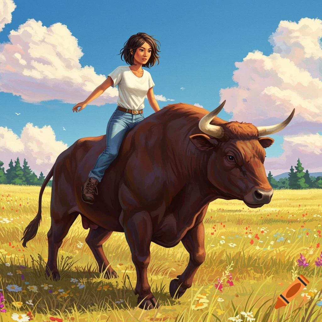 A woman rides a bull through a sunny meadow.