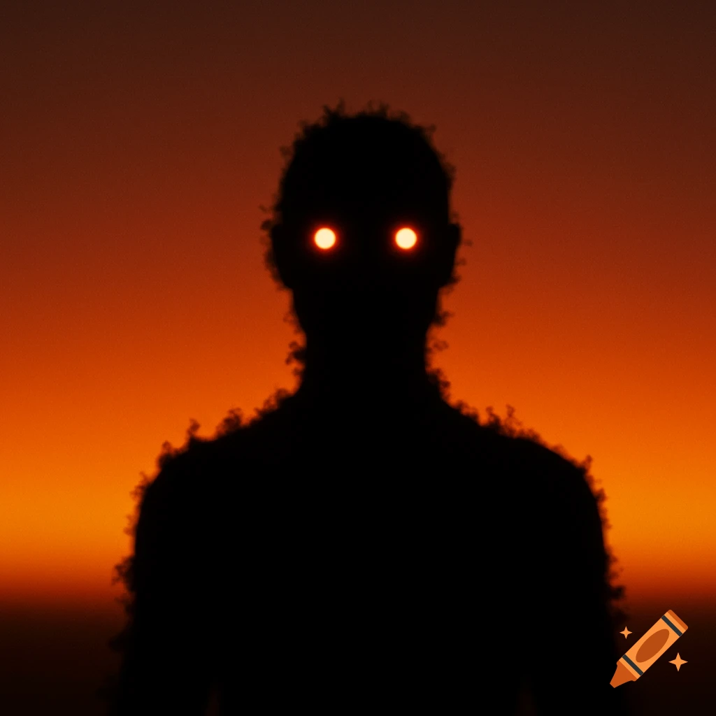 Silhouette of a figure with glowing orange eyes against an orange sky