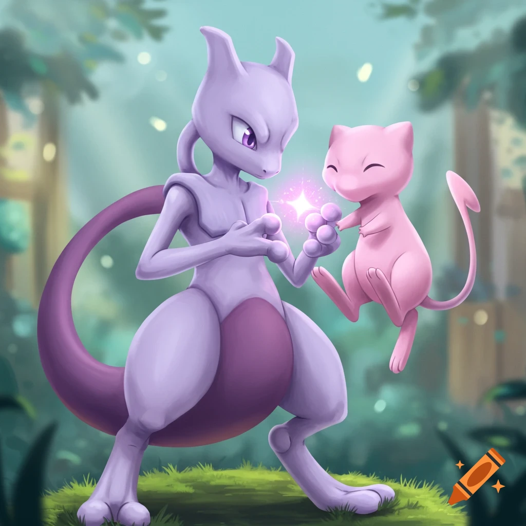 Mewtwo and Mew interact in a forest, surrounded by a magical sparkle.