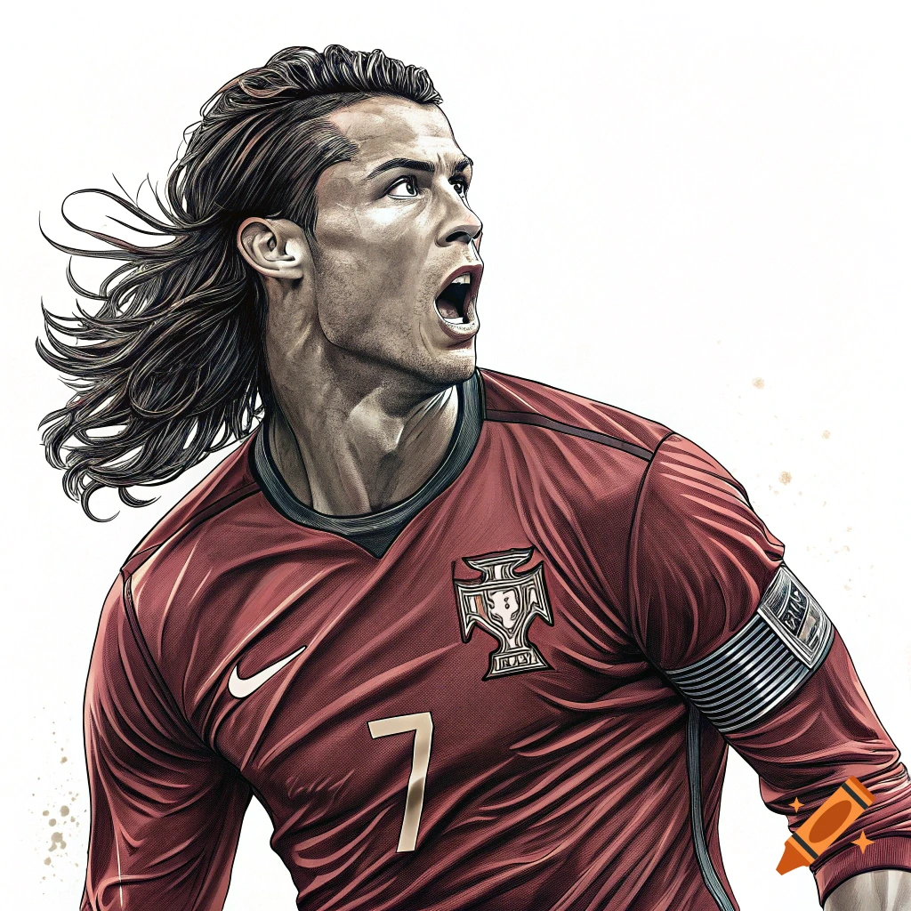 Stylized illustration of Cristiano Ronaldo in a Portugal soccer jersey, looking up and shouting.