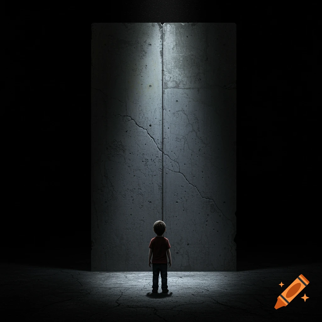 A child stands before a massive concrete wall in a dark, moody image.