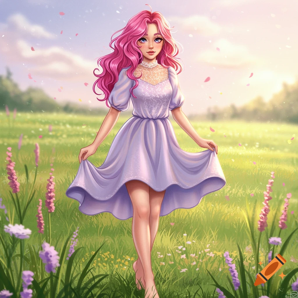 A young woman with pink hair and a purple dress stands in a sunny meadow.