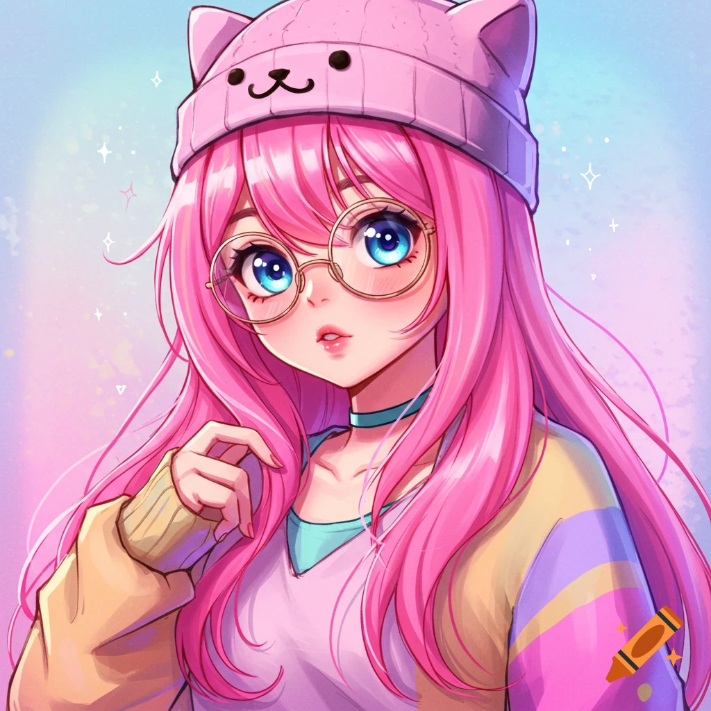 Anime illustration of a girl with pink hair, glasses, and a cat beanie