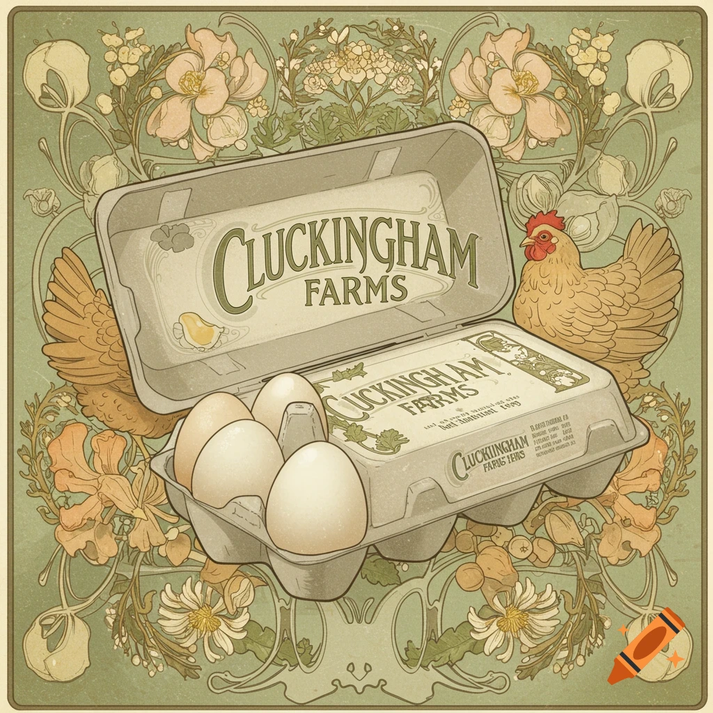 Art nouveau painting of an open egg carton with eggs, chickens, and floral designs. The carton is labeled "Cluckingham Farms".