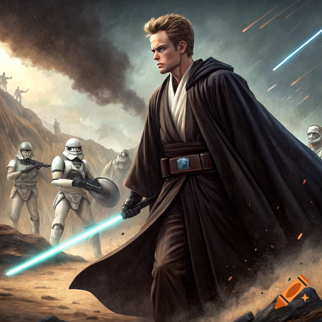 A blonde man dressed as a Jedi Knight with a blue lightsaber stands in a desert battle scene with Stormtroopers. Realistic style.