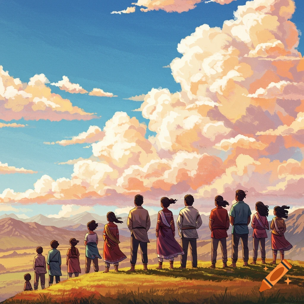 A group of people stand on a hill overlooking a landscape with mountains and dramatic clouds.