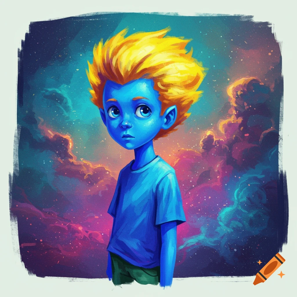 Stylized image of a blue boy with yellow hair in a swirling space nebula.