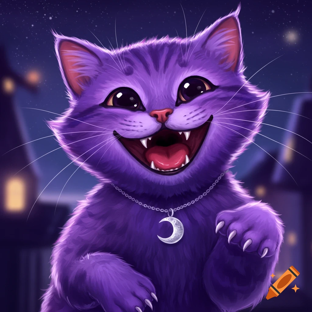 A smiling purple cat wearing a moon necklace against a dark, star-filled night sky.