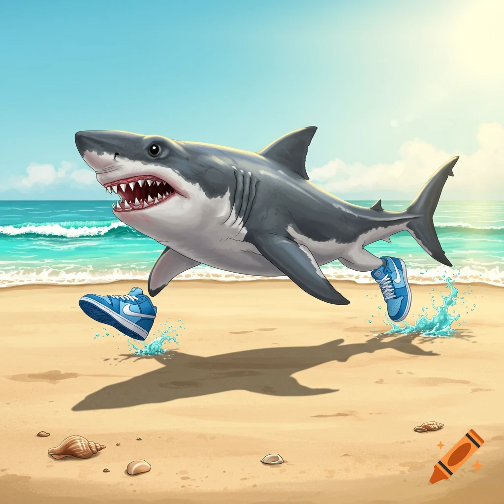 A cartoon shark wearing blue sneakers runs on a sunny beach with waves crashing.
