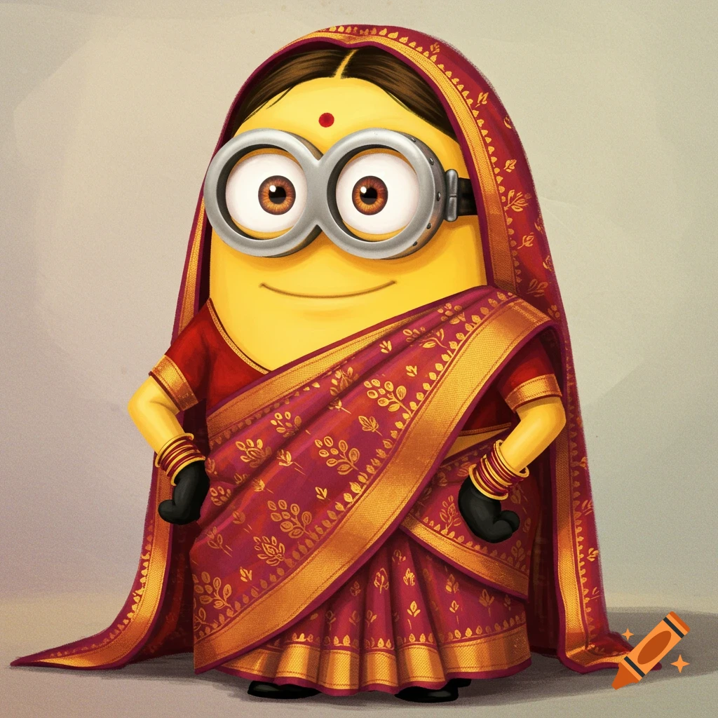 A Minion character wears a red and gold sari.