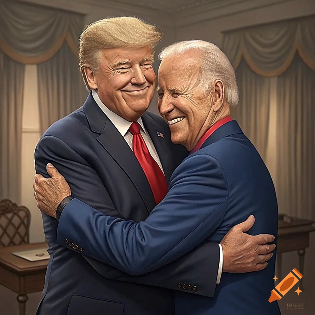Illustration of Donald Trump and Joe Biden hugging each other