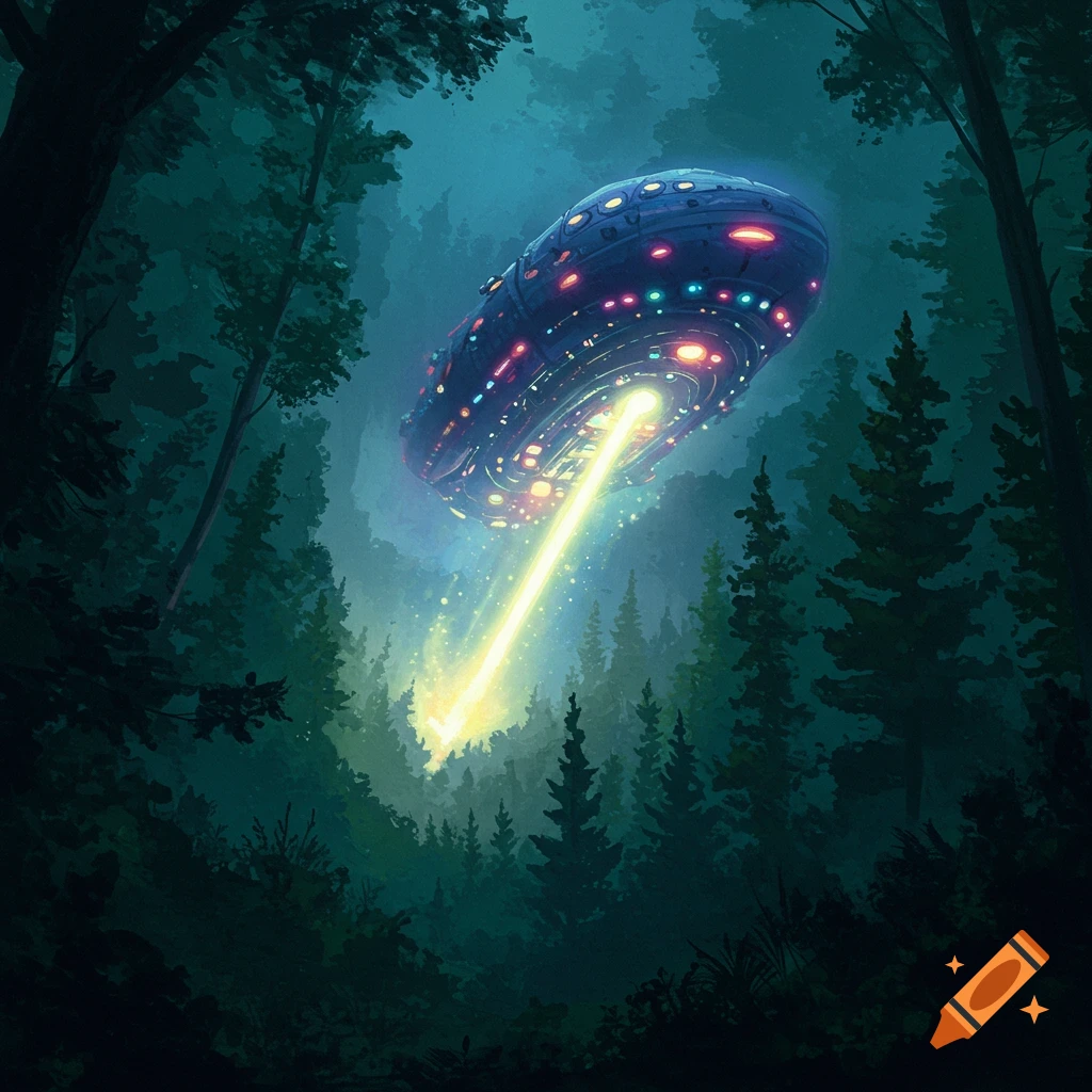 A blue UFO with lights and a beam descends into a dark forest.