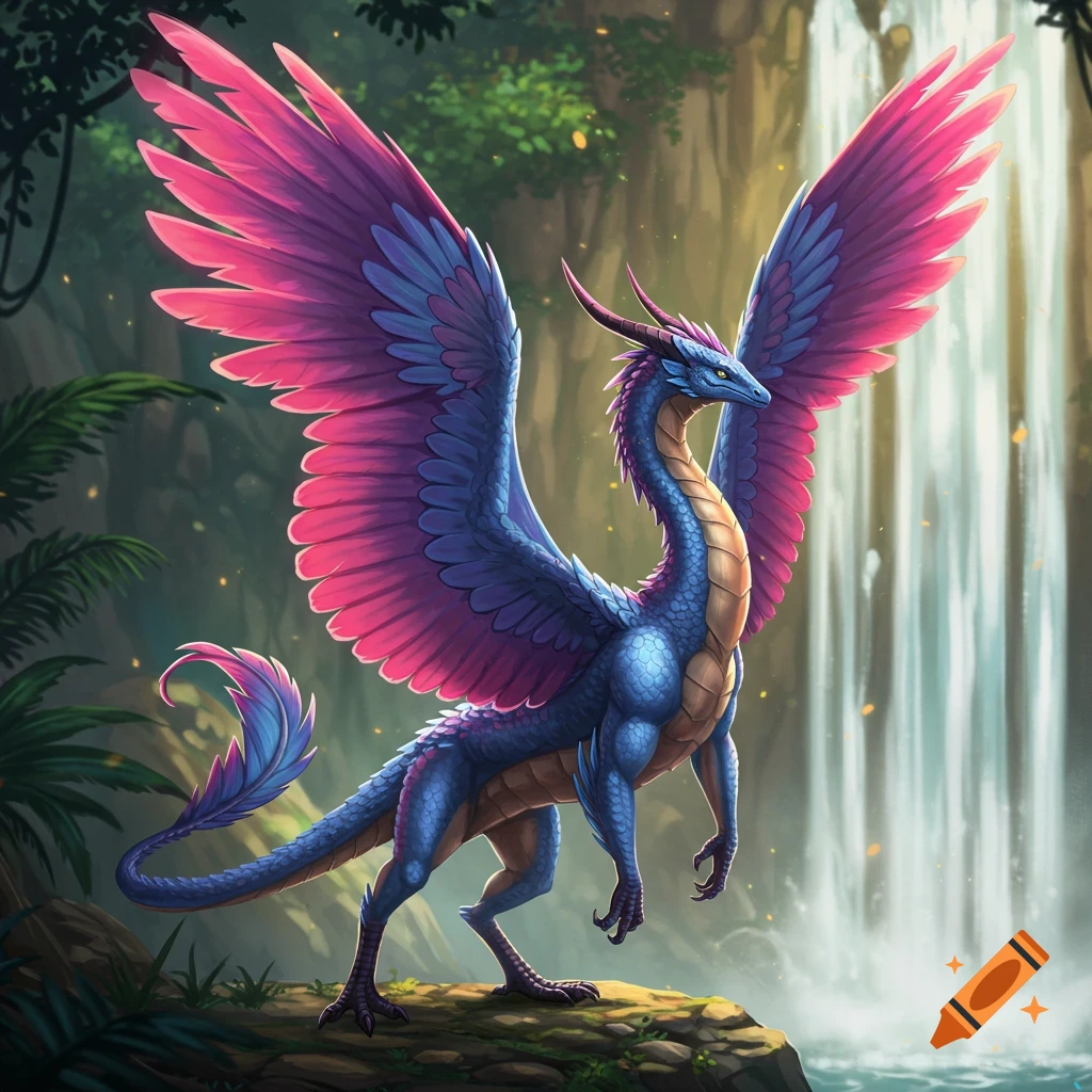 A blue and pink winged dragon stands by a jungle waterfall.