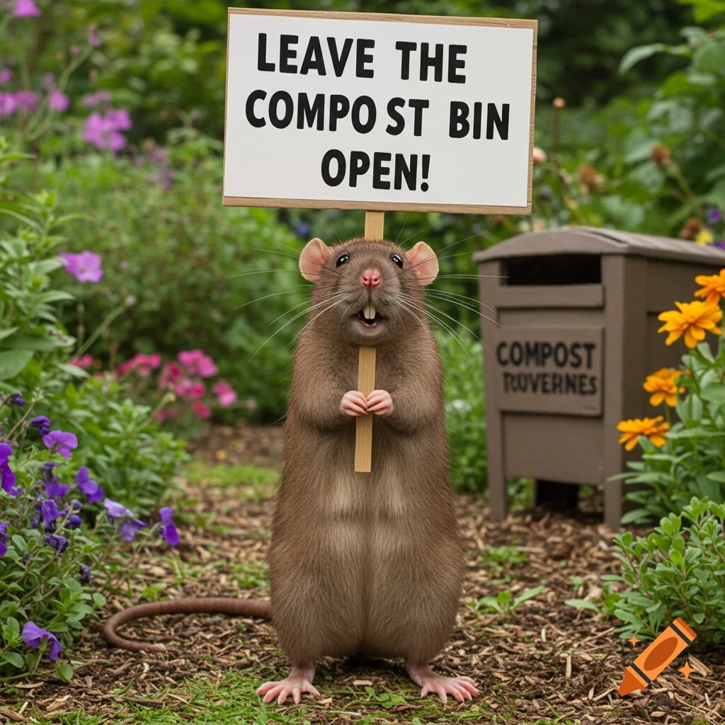 A smiling rat stands in a garden, holding a sign that says "LEAVE THE COMPO ST BIN OPEN!".