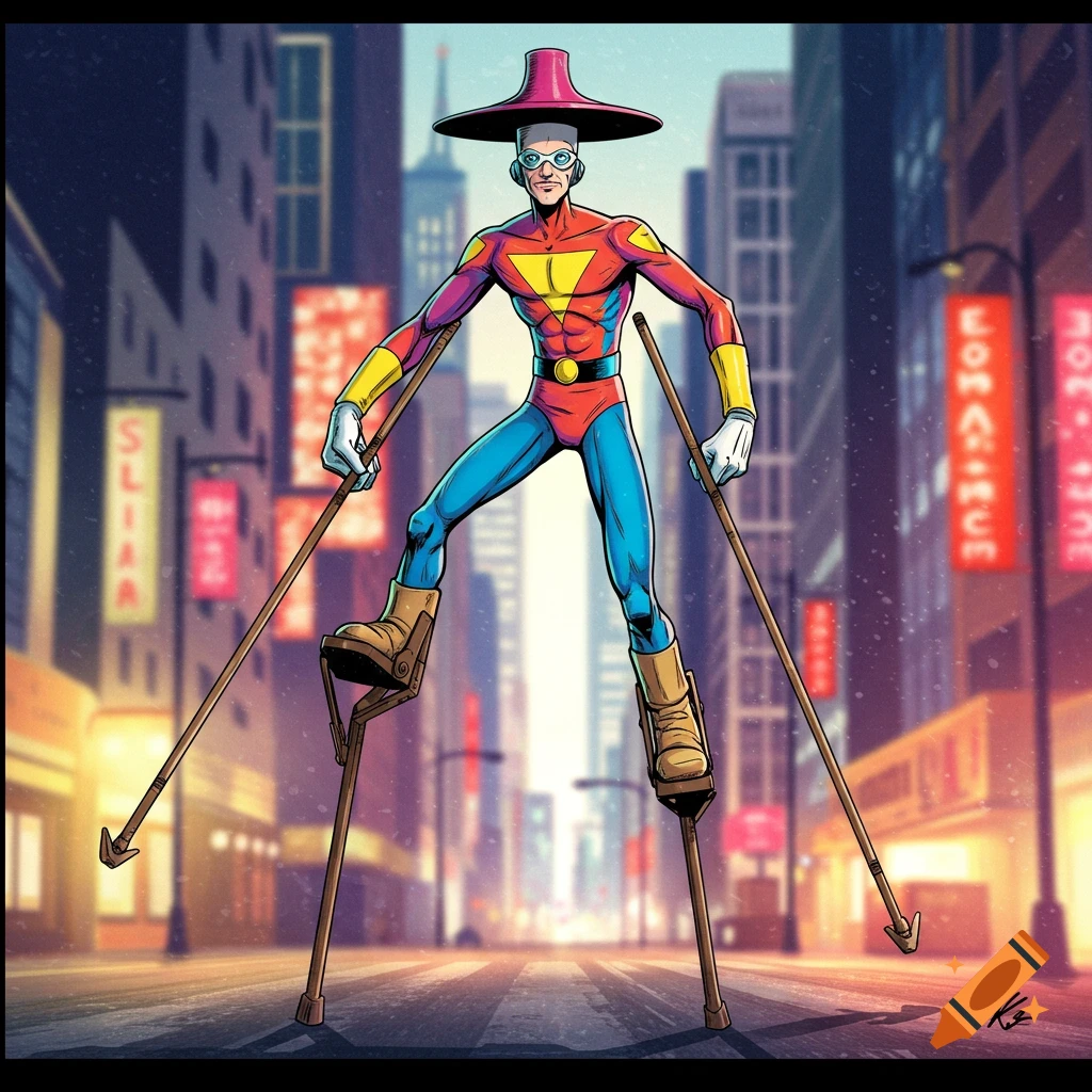 Stilt Man standing on stilts in a city street.