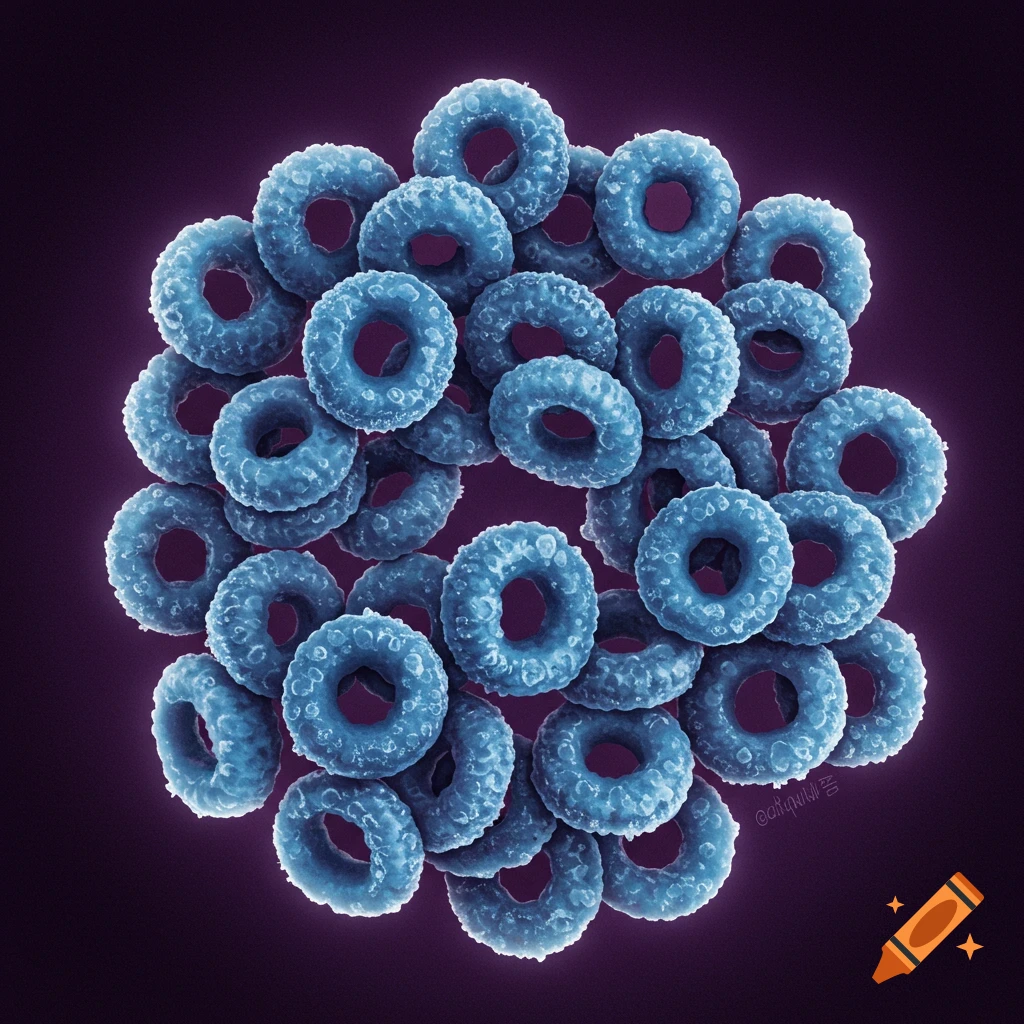 Blue ring-shaped items, possibly cereal, piled together on a dark background. Digital art.