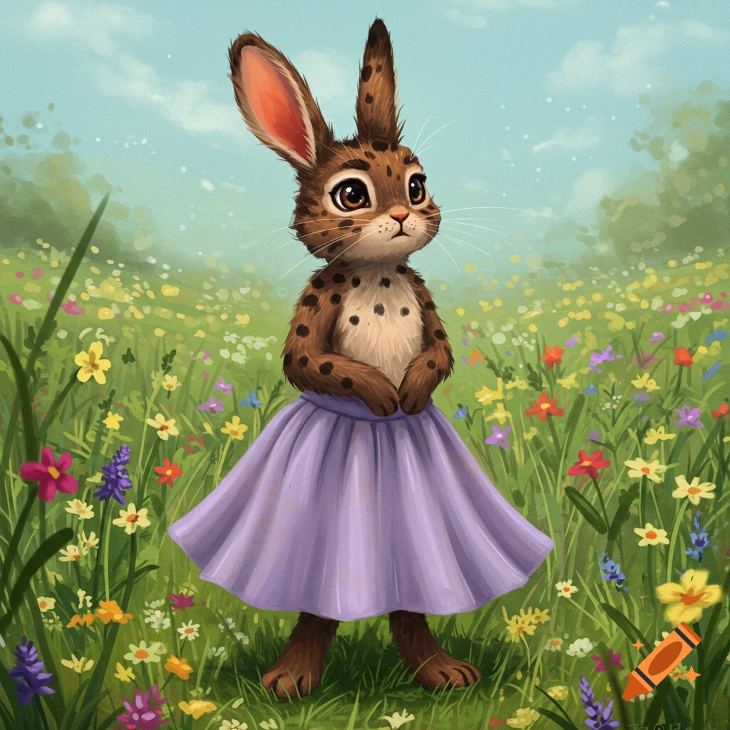 Anthropomorphic bunny with spotted brown fur and a purple skirt standing in a field of wildflowers.