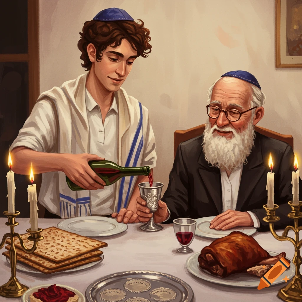 A younger person is pouring wine for an older person at a Passover Seder table.