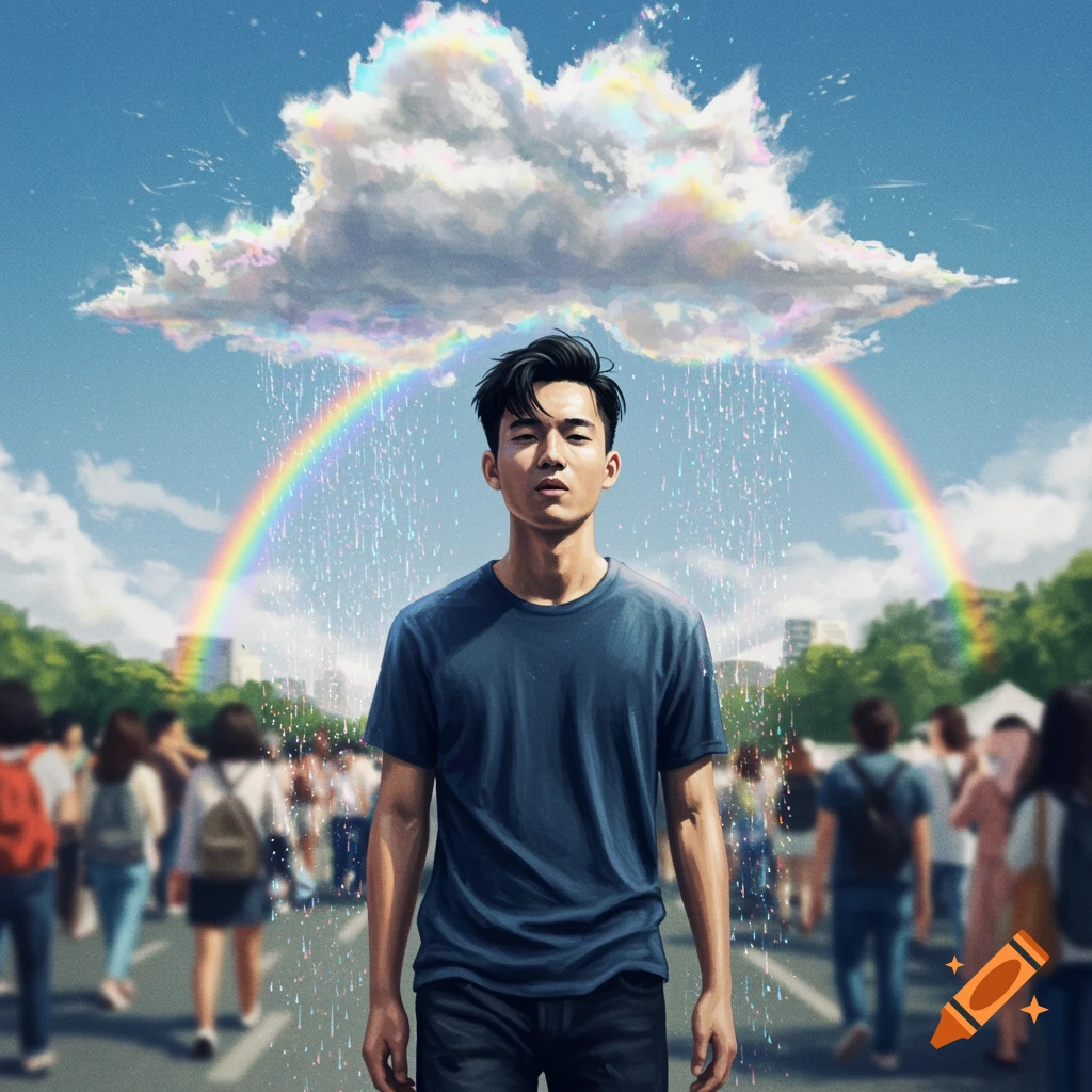 A man stands in a crowd with a cloud raining colors and a rainbow above him.