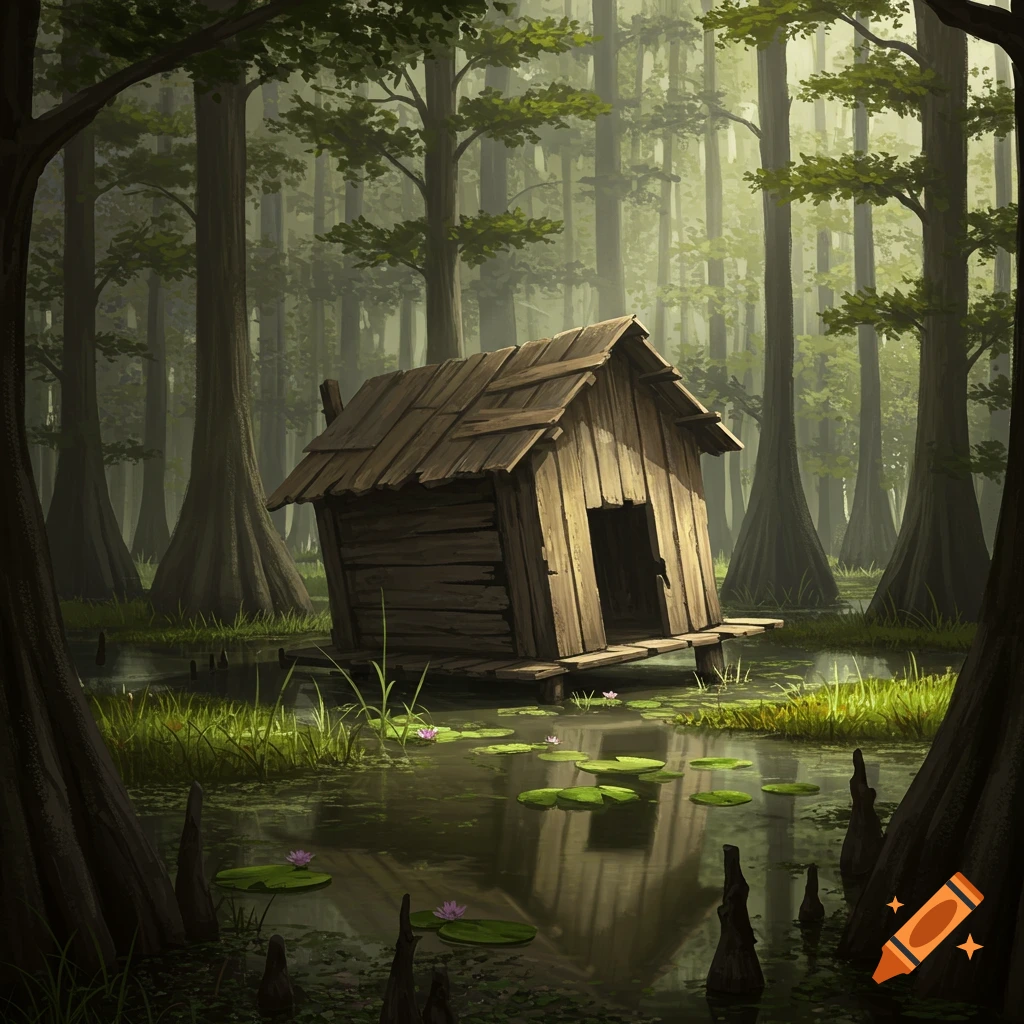 A ramshackle wooden cabin sits on stilts in the middle of a swamp, surrounded by cypress trees and lily pads.