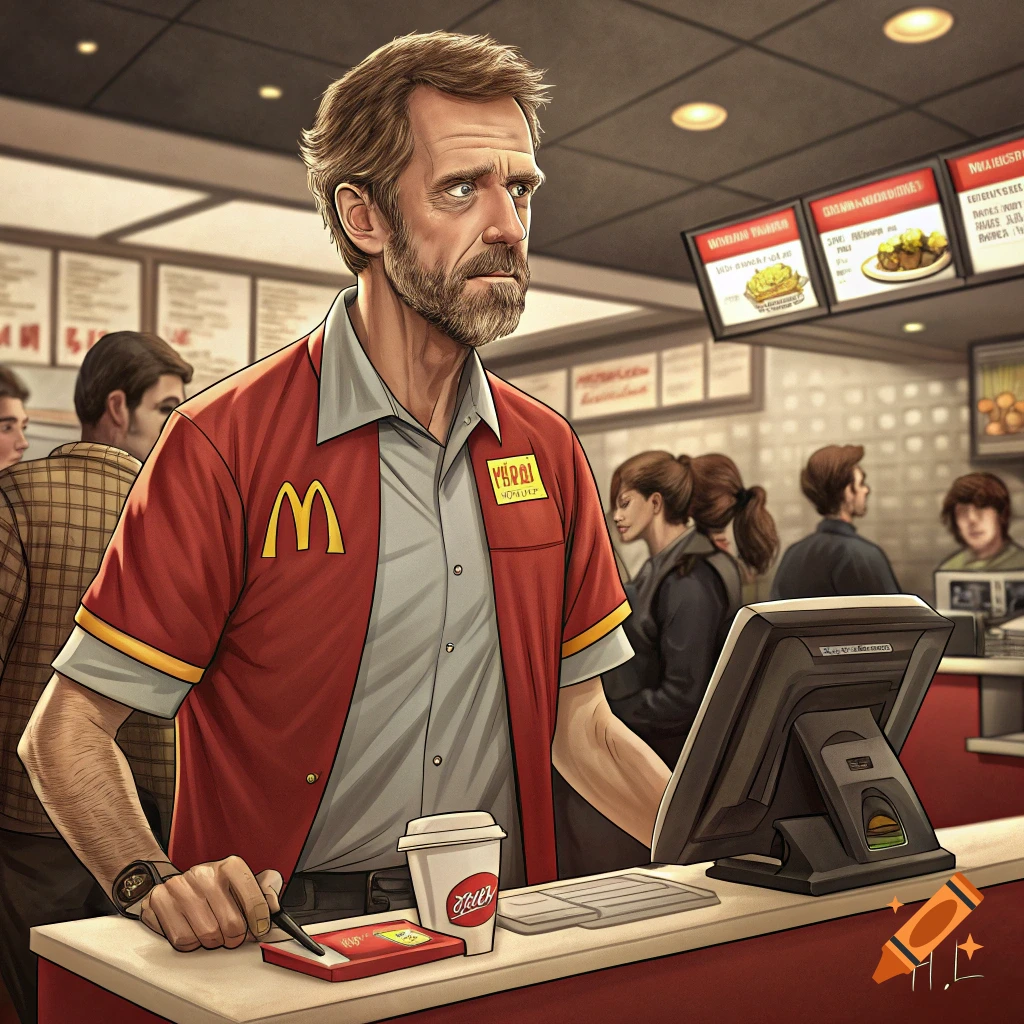 Illustration of Hugh Laurie as Dr. House working at a McDonald's