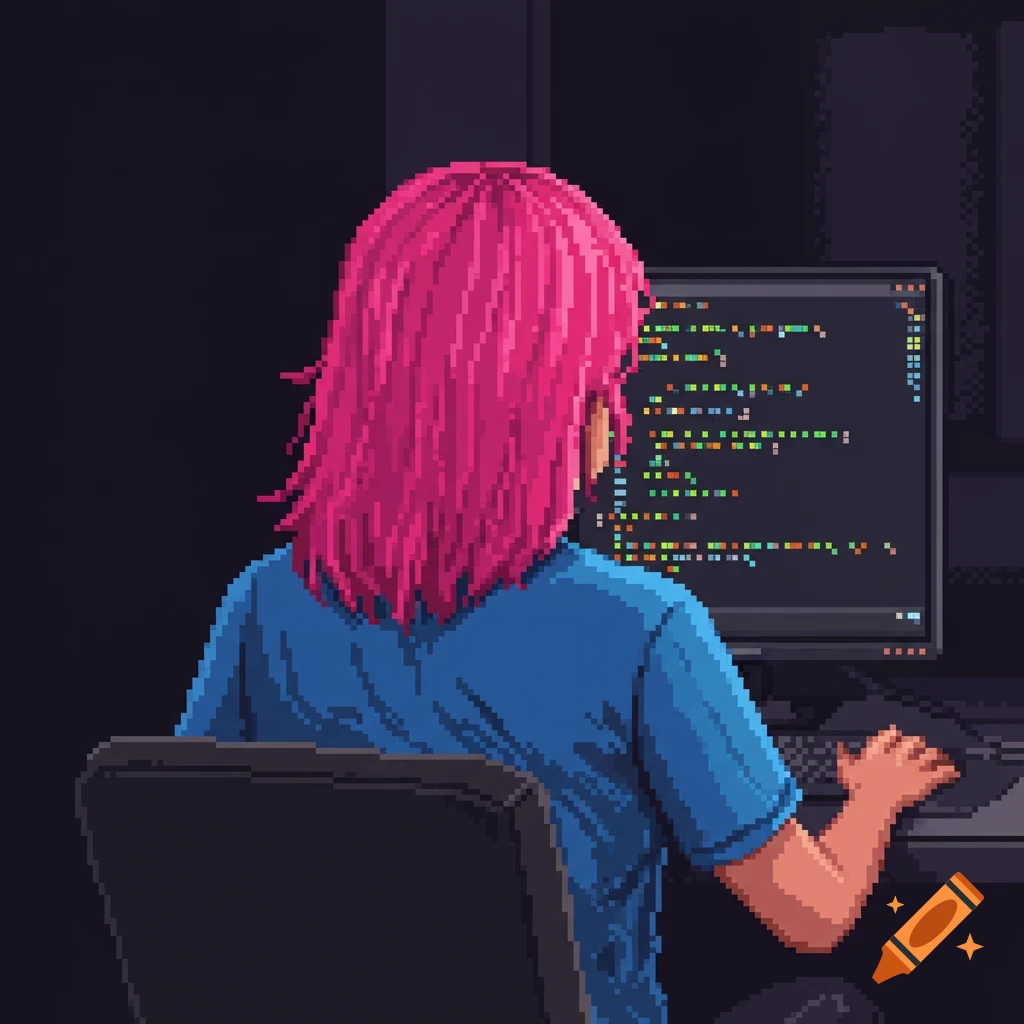 Pixel art of a woman with pink hair coding at a computer, seen from behind.
