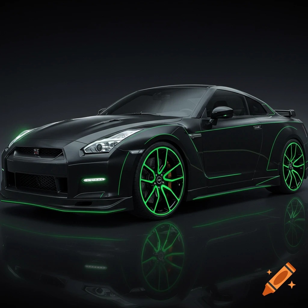 A black Nissan GTR with neon green accent lines and custom green rims, reflected on a dark surface.