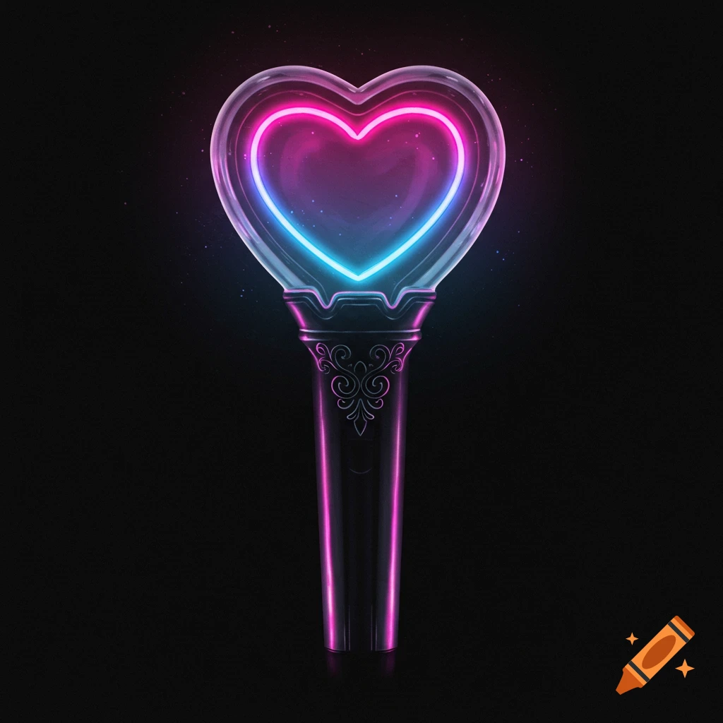A heart-shaped K-pop lightstick with glowing pink and blue neon lights on black.