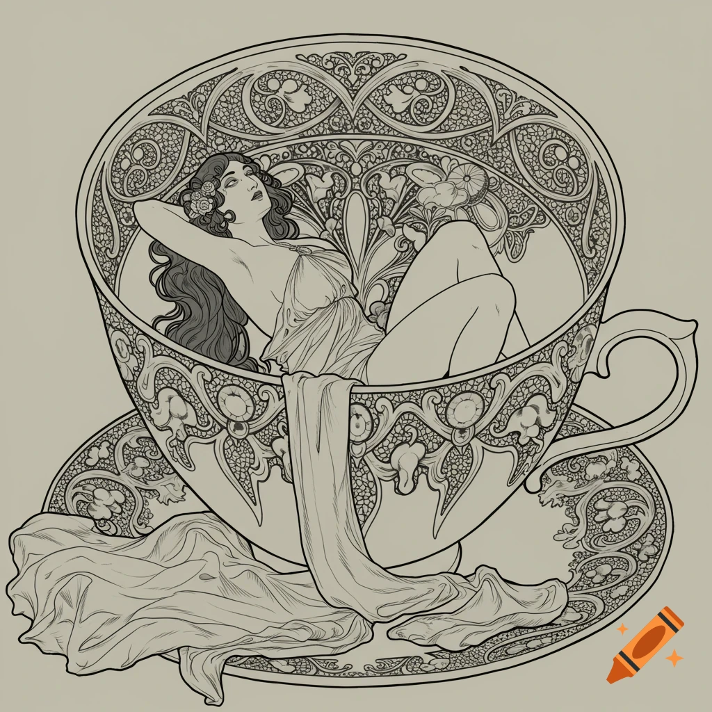 Art Nouveau illustration of a woman reclining in a large, decorated teacup.