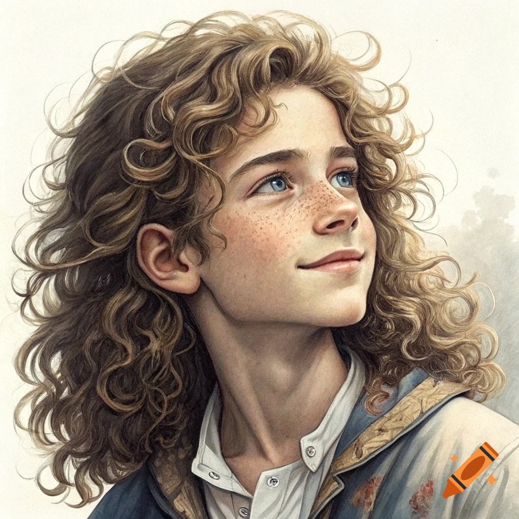 Close-up portrait of a young boy with curly brown hair, freckles, and blue eyes looking up.