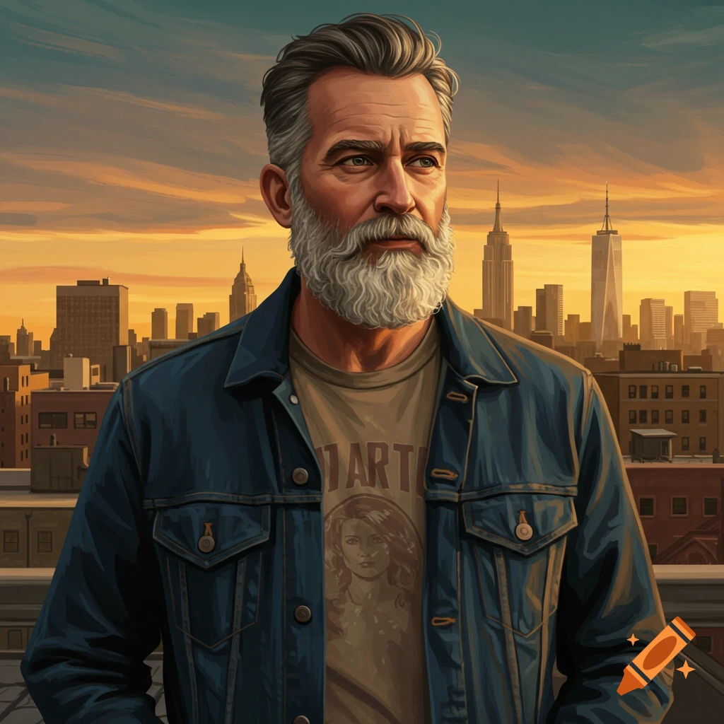 A man with a beard on a rooftop overlooks a city skyline at sunset.