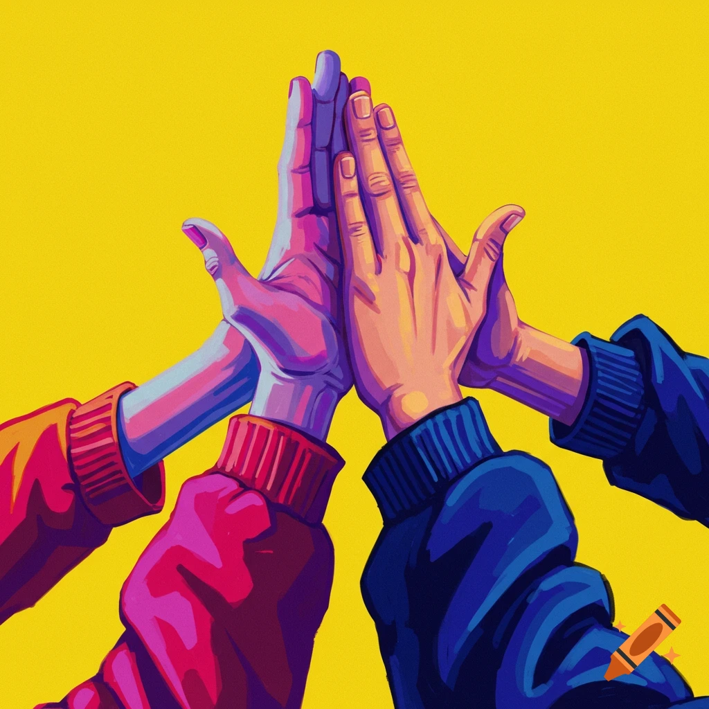 Multiple hands are high-fiving against a yellow background.