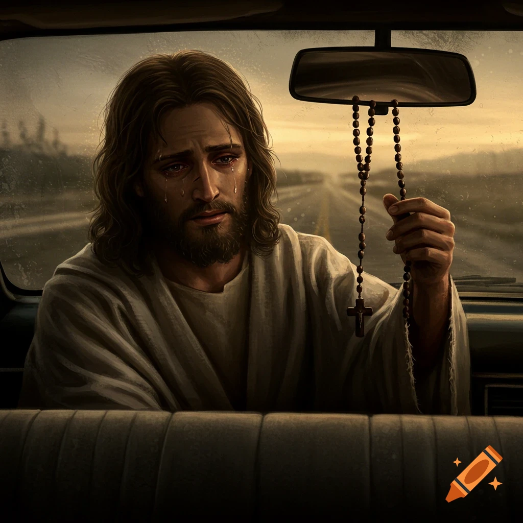 Picture of Jesus crying in a car, holding a rosary.