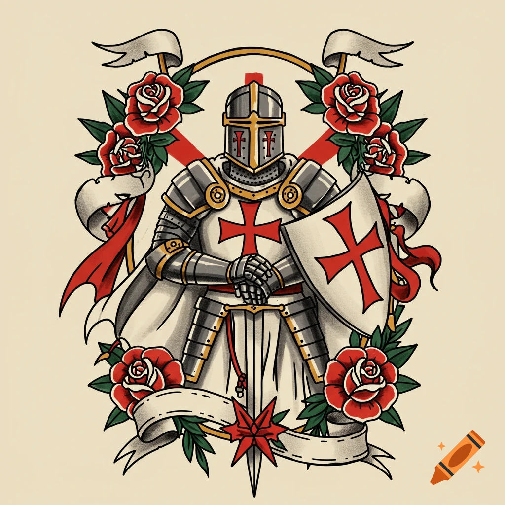 Traditional tattoo art of a Templar knight with shield, sword, roses, and banners.
