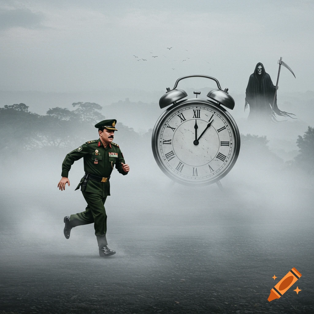 Military general runs past a large clock as the Grim Reaper follows in a foggy landscape.