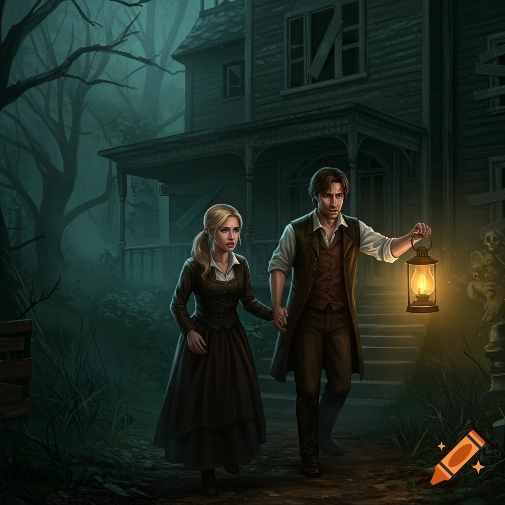 A man and woman with a lantern walk toward a spooky haunted house at night.