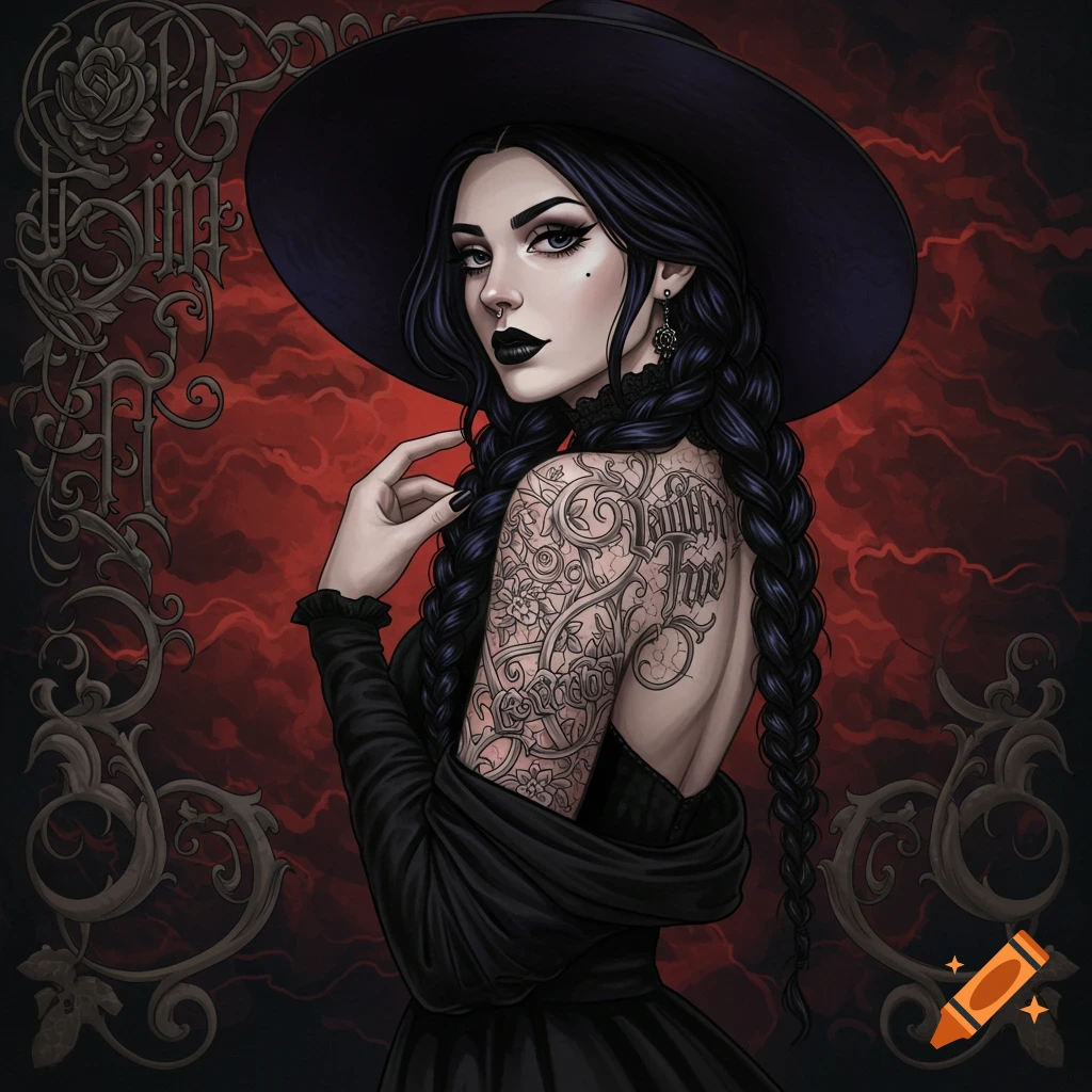 A gothic woman in vintage fashion with elaborate back and arm tattoos, wearing a wide-brimmed hat.