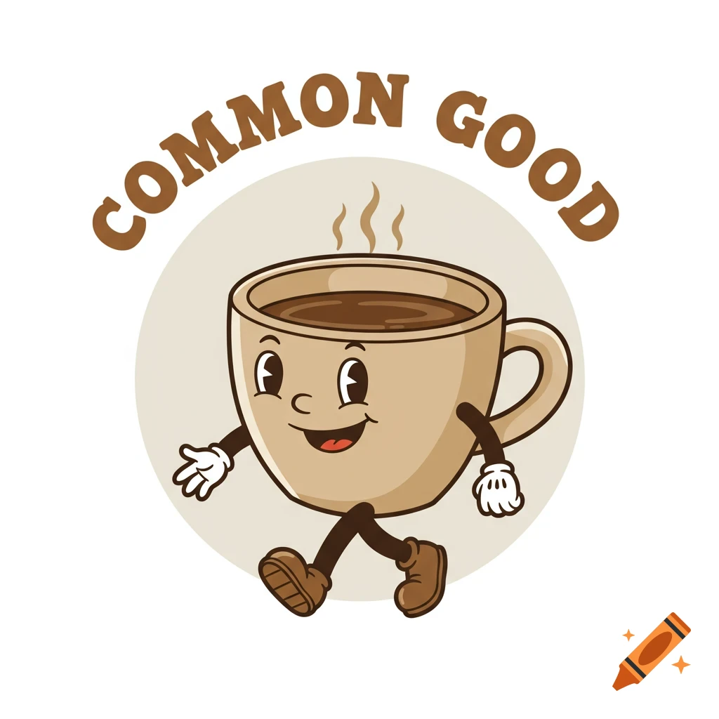 A retro cartoon coffee cup character with text 'COMMON GOOD' walking.